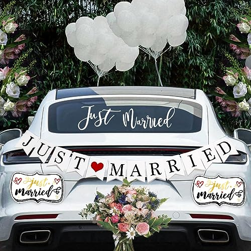 4 Stück Just Married Hochzeitsauto-Dekorationen – inklusive Just Married kunstvolle Auto-Magnete 30,5 x 17,8 cm, Just Married-Auto-Fensteraufkleber, 57 x 12,7 cm, Just Married-Schild, Banner für