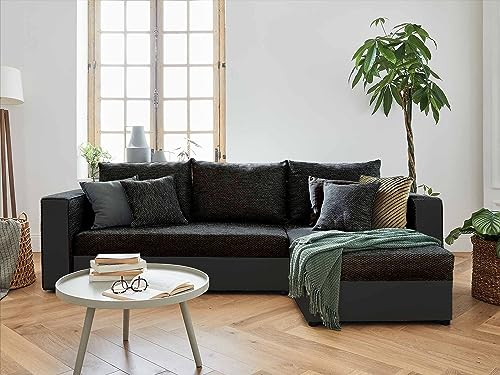 Opal - 4-Sitzer Ecksofa beidseitig montierbar - Mit Schlaffunktion und Bettkasten - aus Stoff und Kunstleder Schwarz