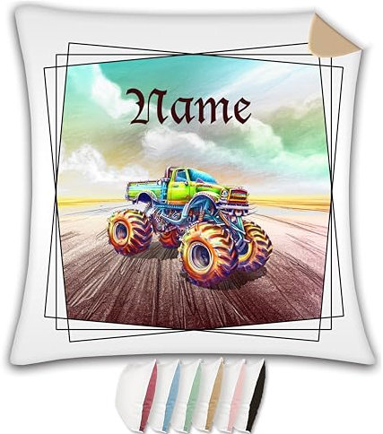 Kissen mit Name/Kissenbezug Zierkissen wahlweise mit Füllung/satiniert, kuschlig oder mit farbiger Rückseite / (Monstertruck)