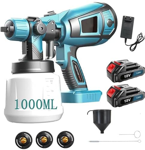 Akku Farbsprühsystem,kompatibel mit Makita 18V Akkus, Aktualisiert Sprühpistole Akku,mit 3 Düsen, 3 Spritzmuster,1000ml Farbsprühgerät,zum Streichen von Gartenzaun Sprühgerät (2x3000mAh Akku)
