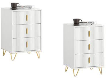 SoBuy 2er Set Nachttisch, Nachtschrank mit 3 Schubladen, Moderner Beistelltisch für Schlafzimmer, Weiß B40 x T40 x H63 cm FBT115-L-Wx2