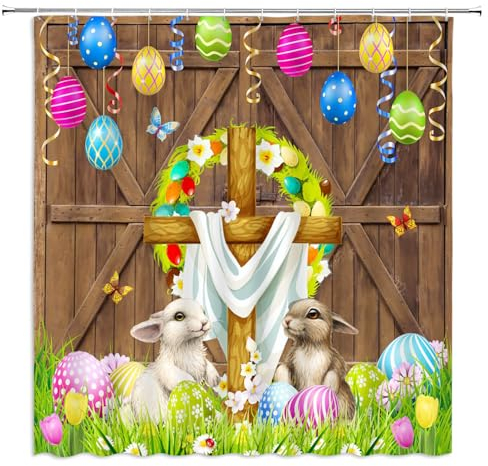 GIXKOXE Happy Easter Duschvorhang Lustige Häschen Ostereier Jagd Bauernhaus Floral Schmetterling Rustikale Scheunentür Frühling Urlaub Cartoon Badezimmer Dekor Vorhänge Polyester mit Haken