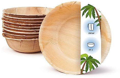 onlyleaf Palmware - Vaisselle jetable environnemental du papier palmier I 50 pièces bols ronds 750ml I Cuvette Salade - soupe - casse-croûte jetable très serviable