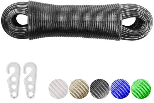tallkeey Cuerda de tendedero con núcleo de acero, 20 m, resistente con 2 tensores, tendedero resistente para interiores, exteriores, jardín, color negro, T-202465