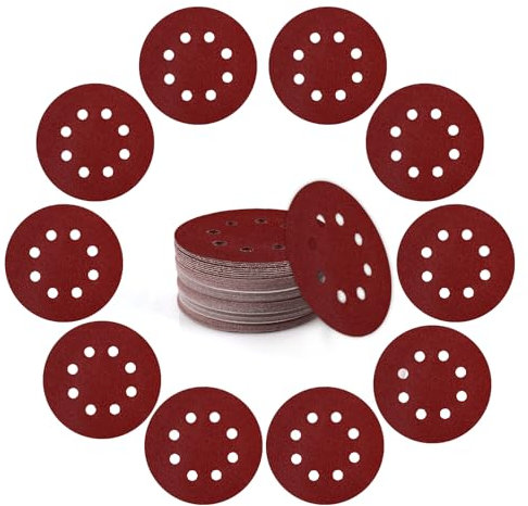 125mm Sanding Discs 8-Holes Aluminum Oxide Sandpaper for Woodworking with Hook and Loop for Random Orbital Sander 80 Grit, 50-Pack