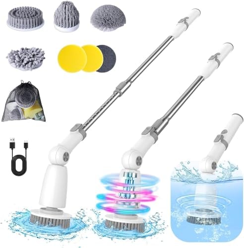 Marchpower Electric Spin Scrubber, Cleaning Brush with Extendable Removable Handle 4000mAh Battery 2 Speeds 6 Replaceable Brush Heads IPX7 Waterproof Power Scrubber for Home Shower Floor Tub Tile Car