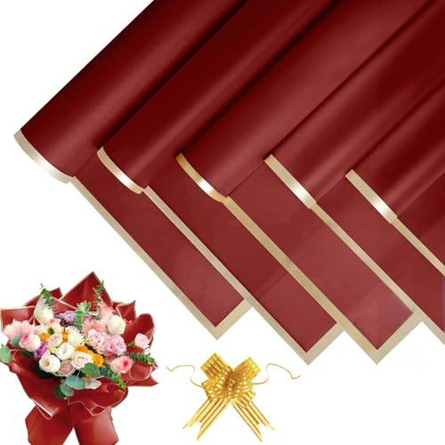 20 Blatt Blumenstrauß Geschenkpapier - Wasserdicht Wrapping Paper, Blumen Papier mit Band, Blumenpapier für Geschenkverpackungen, Blumen, Kunst und Handwerk (Rot, 58x58cm)