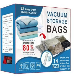 14 Pack Vacuum Storage Bags, Space Saver Bags with hand Pump, (3 Jumbo, 3 Large, 4 Medium, 4 Small) Space Saver Bag for Clothes, Blanket, Mattress, Travel, Duvets, Pillows, Comforters