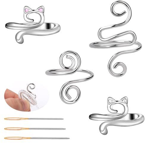 ENCHOL Häkelringe für Finger, verstellbarer Strick-, Häkel-, Spannring-Set mit Ringgrößenversteller und Nähnadel, farbige offene Garnführung mit Aufbewahrungsbox für Handweben, 4 Stück
