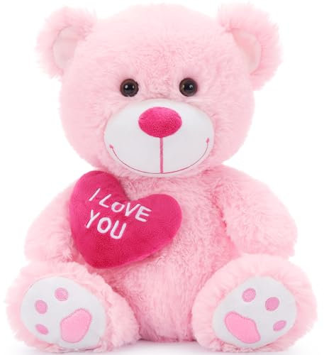 MorisMos 30 cm Petit Ours en Peluche Rose avec Cœur Rouge - Nounours I Love You - Cadeau d'anniversaire, de Saint Valentin pour Enfants Femme Filles Petite Amie Decoration