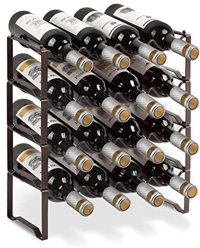4 Tier Stackable Wine Racks Freestanding Wine Shelf Rack Metal Countertop Storage Organiser Holder Display Stand Up to 16Bottles For Wine Bottles Water Drinks Beverages Whiskey Juice Liquor,Brone