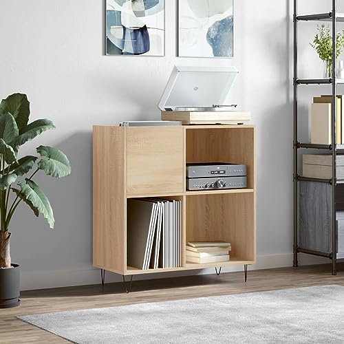 IKAYAA Mueble Tocadiscos, Mueble de Discos de Madera 84,5x38x89 cm, Tocadiscos de Vinilo Stand, Estanteria CD, Mueble para Vinilos, FT23E Roble Sonoma
