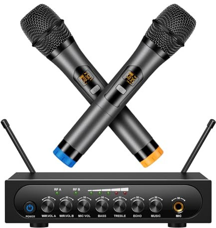 Sistema de micrófono inalámbrico dinámico inalámbrico UHF de doble canal inalámbrico micrófono de mano con control de volumen Echo Bluetooth para karaoke cantando iglesia para amplificador, altavoz