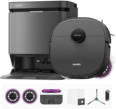 EUREKA J15 Pro Ultra Aspirateur Robot et Balai avec Base à vidange Automatique, Aspiration 16 200 Pa, Balai à Bras Flexible, Lavage Automatique à l'eau Chaude et séchage à l'air Chaud, Anti-nœuds,