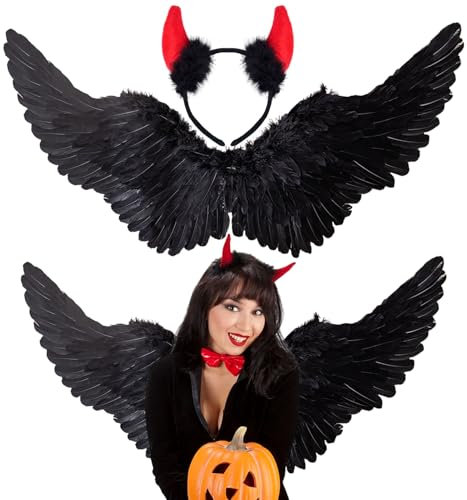 Winwild 105CM Negro Ángel Alas Grandes con Cuernos Diablo Set,Diablo Disfraz Señoras Ángel Accesorios Ángel Diablo Alas Adultos para Halloween Carnaval Cosplay Fiesta Fasching Disfraz