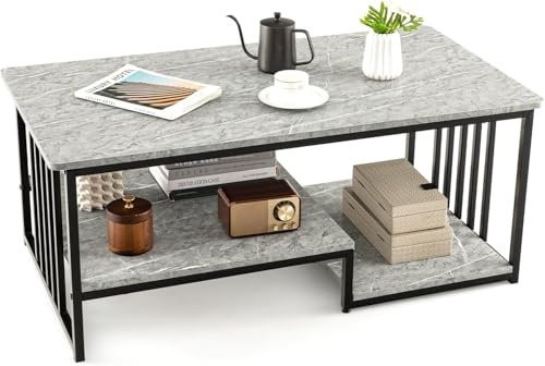 FANTASK Couchtisch mit 2 Ablagen, Beistelltisch mit Marmoroptik & Metallgestell, 110 x 60 x 45 cm Wohnzimmertisch Sofatisch