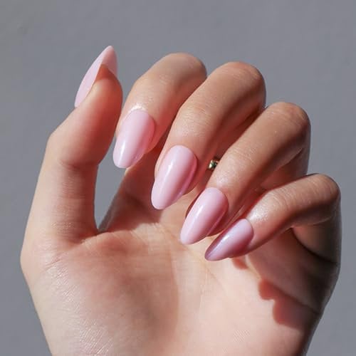 False Nails Short Almond Press on Nails with Glue 30pcs Pure Pink Stick On Nail Pink Nude Fake Nails Long Lasting Gift for Women Girls (Baby Pink Short Almond, 30pcs)