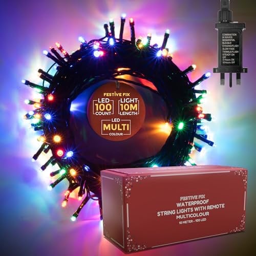 Festive Fix Christmas Tree Lights - 10m, 100 LED Waterproof Light for Indoor & Outdoor Xmas Decoration, Energy-Saving Mains Powered String Lights with Timer & 8 Modes