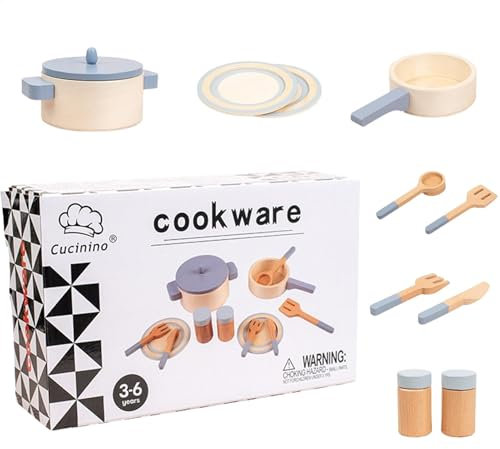 Juego de Juguetes de Cocina de Madera - Juego de Platos y Cubiertos para niños pequeños, Juguetes de Cocina de Madera | Juego de ollas y sartenes de Cocina de Juguete para niños pequeños, j