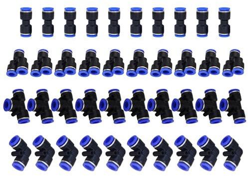 HAXIHA 40 Pezzi Connettore Pneumatico 5/32 OD Raccordi a Pressione Kit Raccordi Pneumatici, OD 4mm RaccordiRapidi Aria Compressa 10 Gomiti/10 Rettilinei /10 Divisori/10 Tee Blu