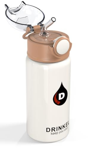 D.Drinkel 450ml /15ooz Kids Stainless Steel Insulated Water Bottle with Straw Double Wall vacuum insulated Metal Flask Leek Proof BPA Free For Boys,Girls and Toddlers,One click open (White and Brown)