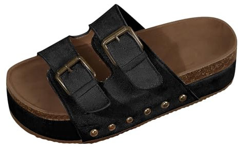 Generisch Pantoletten Damen Plateau, Damen Sommer Nieten, Sommerschuhe Bequem Weite H mit Fussbett für Damen, Hausschuhe Slides mit Schnallen Metallic Verstellbare, Comfortfüße Atmungsaktiv