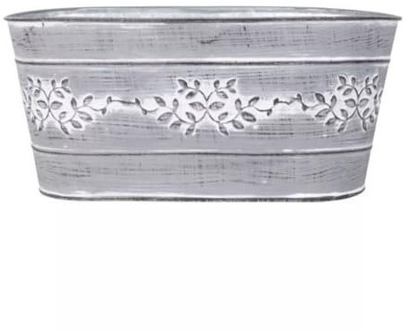 Grey Metal Leafy Vine Oval Tin Trough 24cm, 9inch Planter Indoor Outdoor Garden Flower Plant Pot Weather Proof (1)