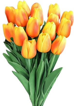 GIUSOBG Tulipani Artificiali 15 Pcs Fiori Artificiali Finti 34cm Tulipani in lattice Fiori Finti di Realistici Bouquet di Fiori finti per Casa per Matrimoni,Giardino (Arancione)