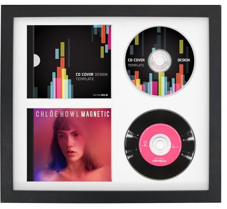 FramePro Cornice Doppio Display CD 36,1 cm x 32,5 cm, Supporto per Dischi Vinile Firmato con Vetro Reale, Decorazione Musicale da Parete, Bianco Opaco