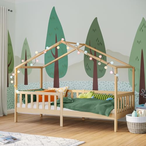 Bellabino Bia Kinderbett 90x200 cm – Hausbett mit Rausfallschutz & Lattenrost – Montessori Kinder Bett aus Massivholz Kiefer – Kinderhausbett für Jungen und Mädchen in Natur