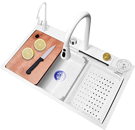 HUIBBGO Fregadero de Cocina, Fregadero de Cascada, Fregadero de Acero Inoxidable 304, Juego de Fregadero doméstico, Fregadero Integrado con Grifo extraíble, Blanco