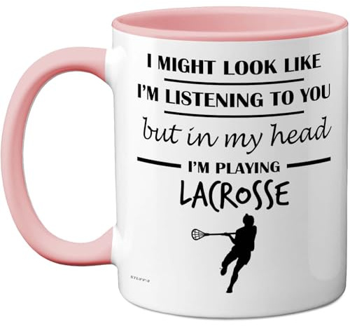Stuff4 Lacrosse, in My Head Mug | Funny Gift for Lacrosse Lover Women and Men, 11oz Premium Ceramic Dishwasher Safe Pink Handle Mugs Novelty Cup