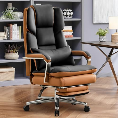 Ckaff Bürostuhl Ergonomisch, PU Leder Chefsessel 200kg, Bürostuhl mit Fußstütze und Lendenwirbelstütze, Home Office Stuhl mit hoher Rückenlehne, Schwarz