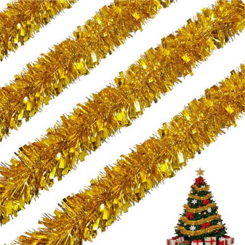 CaiTang 4 Stück Weihnachten Lametta Girlande, 2M Lametta Glänzend Girlande, Festliches Weihnachten Lametta für Weihnachtsbaum Weihnachtsfeier Geburtstagsparty, Gold