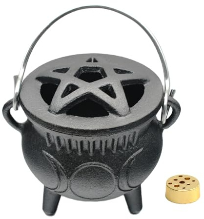 Cast Iron Cauldron with Lid & Handle, Small Triple Moon Cast Iron Cauldron Pot, Incense Burner Witchcraft Ideal for Cooking, Smudging, Ritual Purpose, Sage, Halloween Decoration