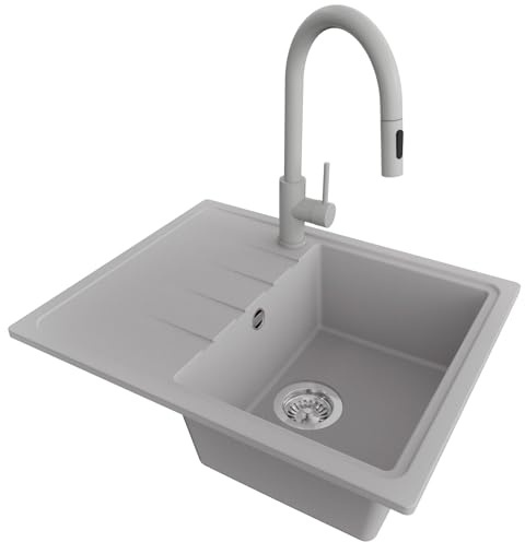 PRIMAGRAN Granitspüle ab 40er Unterschrank + Küchenarmatur, 62x50cm | Set: Küchenarmatur BW9010 + Ablauf-Set (Siphon, Ablaufgarnitur, Überlauf) + Spülbecken 1 Becken - Mailand, Grau