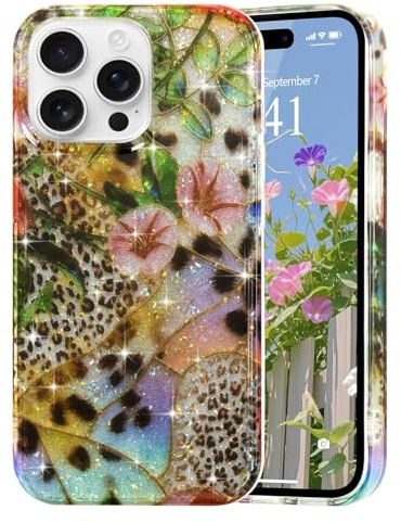 Ethanger Gorgeous Flower Case for iPhone 14 Pro, Leopard print | Floral Glass Stained Design, Aesthetic Artistic Retro Cover, Glitter Phone Case, Shockproof Protective Case for Women