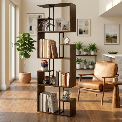 Manora Industrie-Bücherregal, Holz und Metall, Asymmetrisches Design, Mehrstufiges Wandregal (Braun, 60 X 24 X174)