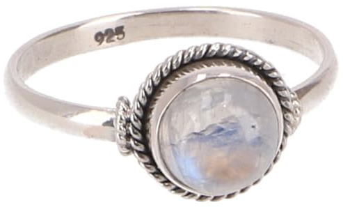 GURU SHOP Boho Silberring, Filigraner Edelsteinring mit Rundem Stein - Mondstein, Size:58