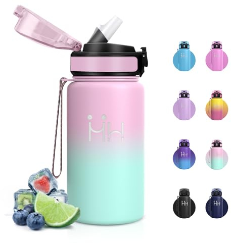 Botella Agua de Acero Inoxidable 500ml, Botella Termica con Pajita, Termo sin BPA, Botella Termo sin BPA, a Prueba de Fugas, Fácil de Abrir, Cantimplora Termica Colegio, Escuela, Excursiones