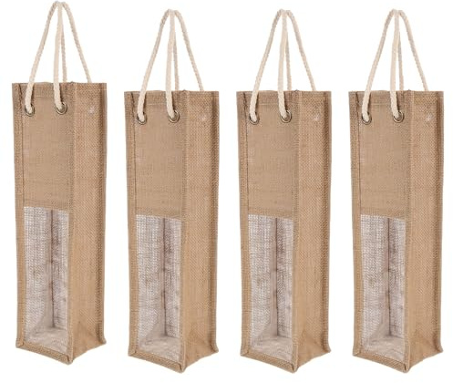 HORIALENCE 4pcs Jute Burlap Bottle Bag Jute Wine Pouch Khaki Color Reusable Strong Bearing Capacity Delicate Style Lightweight Design for Wedding Parties