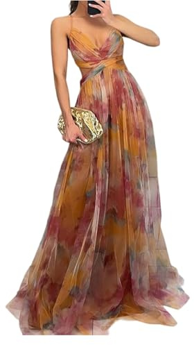 Ansenesna Abendkleider Elegant Für Hochzeit Gast Lang Kleid Hochzeitsgast Damen Curvy Maxi Festliche Kleider Damen Sommer Spaghettiträger Abschlusskleid Festlich V Ausschnitt Rückenfrei Partykleid