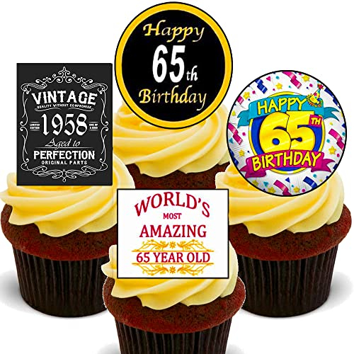 65th Birthday Male Funny, Edible Cupcake Toppers - 1958 Stand-up Wafer Cake Decorations (Pack of 12)