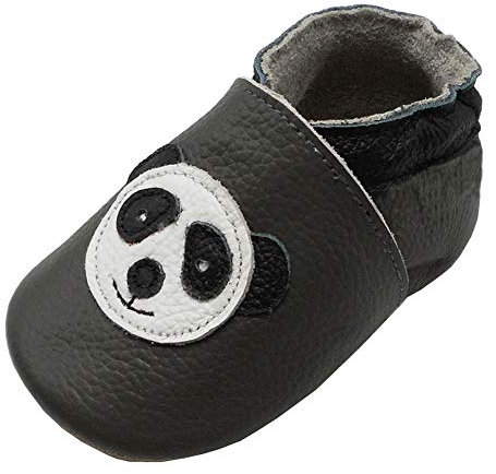 YIHAKIDS Krabbelschuhe Baby Weiche Leder Lauflernschuhe Kleinkind Lederschuhe Hausschuhe Babyschuhe Lederpuschen Lernlaufschuhe Mokassins(Size S, Dunkelgrau Panda, 0-6 Monate, 19/20 EU)
