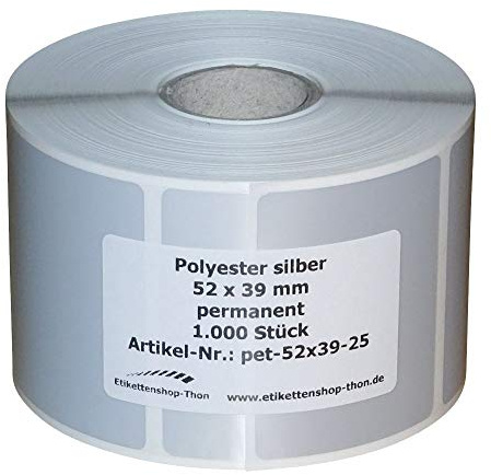Typenschilder/Polyester Etiketten - 52 x 39 mm - 1.000 Stück - silber - Hülse 25 mm