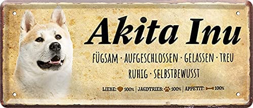 Lustiges Deko Hunde-Rassen Steckbrief Blech-Schild Blechschilder Dog (28 x 12 cm, Akita Inu - Fügsam Gelassen Treu Ruhig 2274)