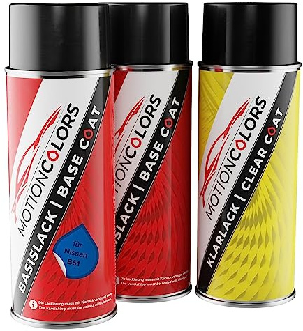 MOTIONCOLORS Blue Pearl Metallic B51 für Nissan Autolack Spraydosen +1K | Active Blue Metallic, Set aus Grundlack + Basislack + Klarlack, Sprühdosen 400ml