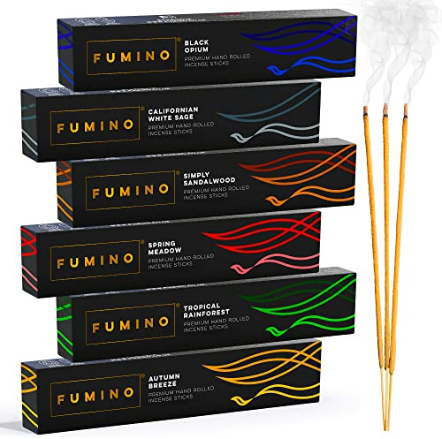 Fumino Incenso Bastoncini Naturali Realizzati a Mano Multipack Essenziale 6 Scatole 84 Stick (90g) Incensi Naturali Masala Agarbatti Fragranza Profumata Incenso Meditazione e Relax