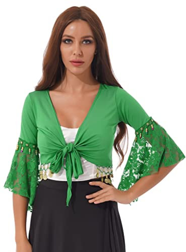 Runhomal Damen Bauchtanz Kostüm Bauchfrei Oberteil Crop Top mit Pailletten Quasten Tanz Kostüm Party Outfits Grün L
