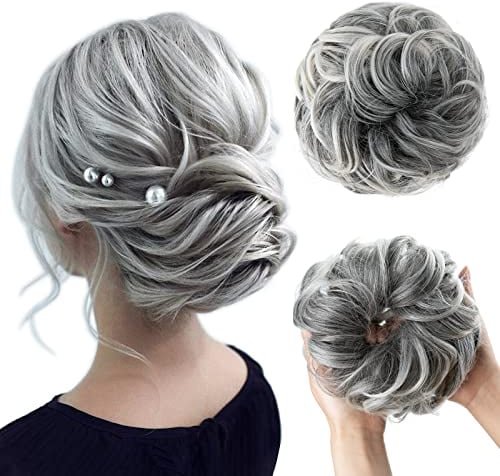 JJstar Haarteil Mit Gummiband, Groß Dutt Haarteil Gelockt Haargummi Mit Haaren Hochsteckfrisuren Haarverlängerung Messy Bun Haarteile für Damen Mädchen Pferdeschwanz (Graue und weiße Spitzen)